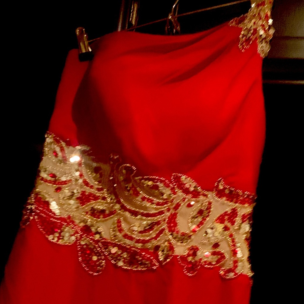 Beautiful Brand new custom made long dress. Red/Silver details